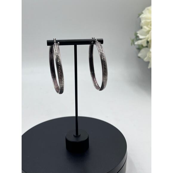 Sterling Silver 925 Stamped Large Greek Pattern 2.25” Hoop Pierced Earrings - Picture 2 of 8